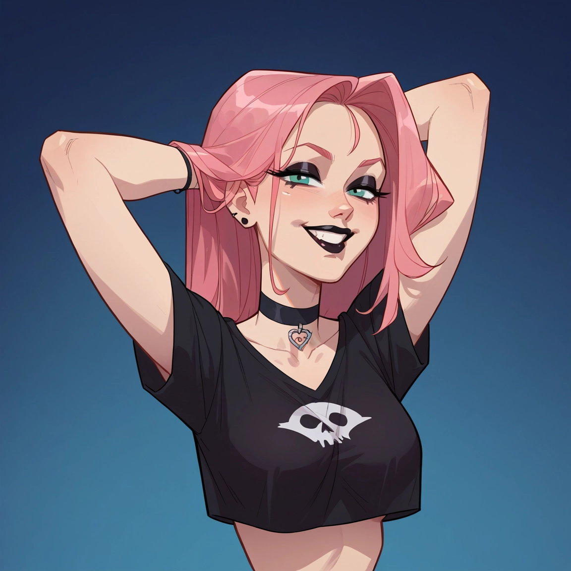 1girl, pink hair, solo, choker, makeup, shirt · Yamete.gg