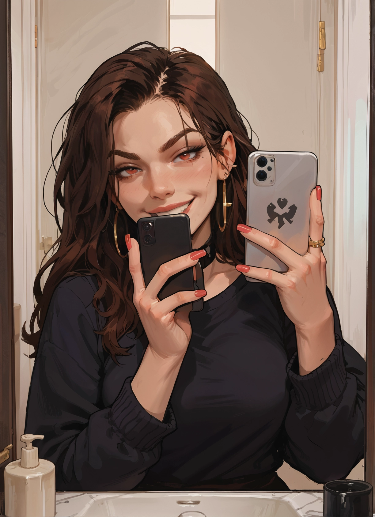 1girl, phone, jewelry, earrings, cellphone, solo · Yamete.gg
