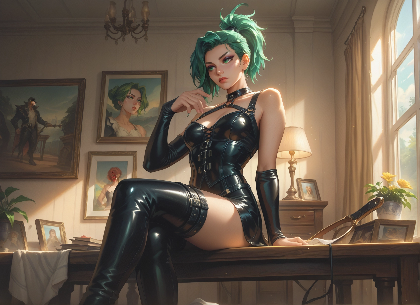 thighhighs, breasts, sitting, green eyes, crossed legs, green hair · Yamete.gg