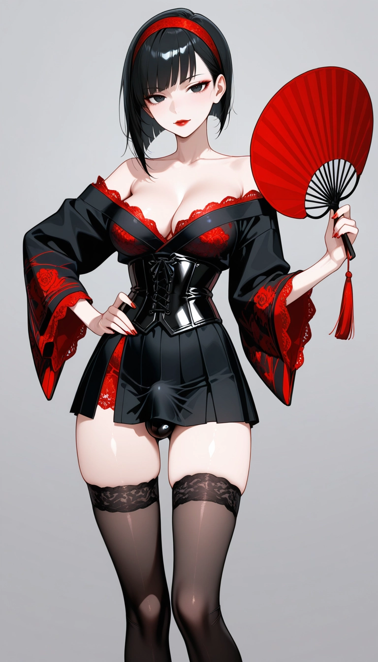 futanari, 1girl, solo, breasts, thighhighs, black hair