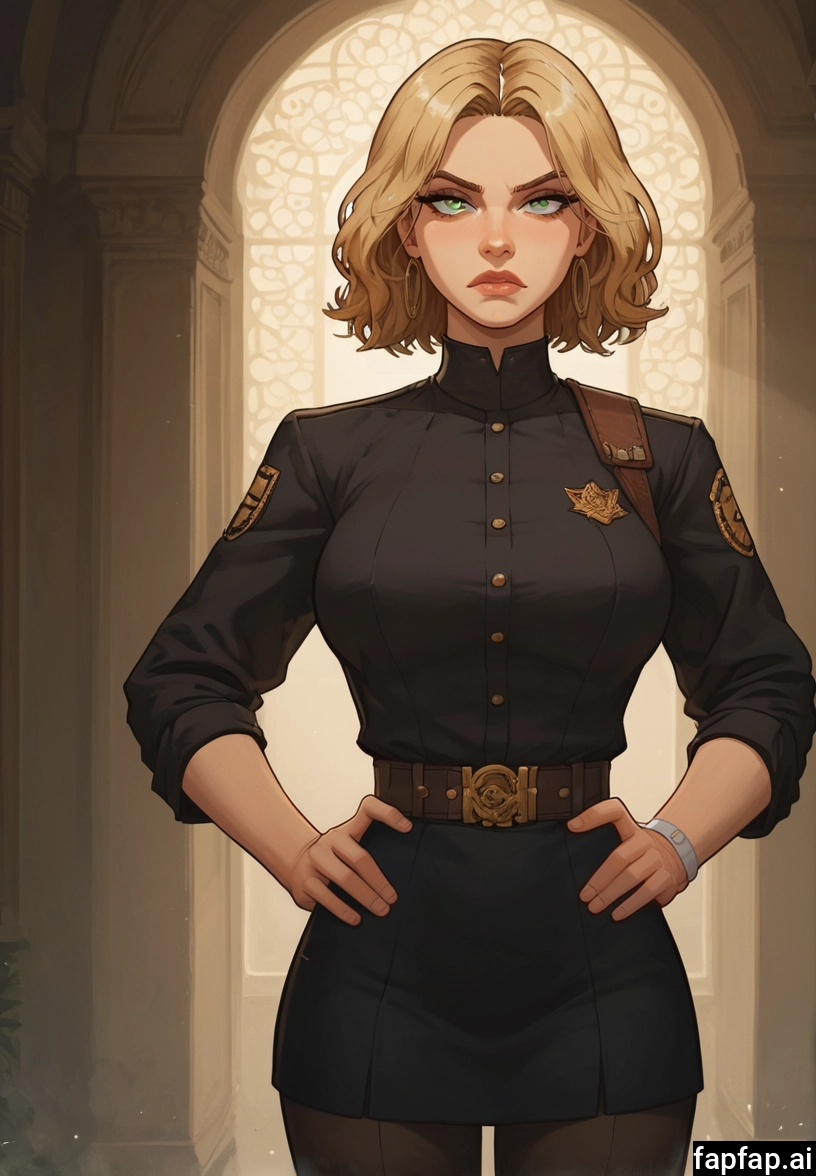 1girl, solo, blonde hair, skirt, green eyes, hands on hips · Yamete.gg