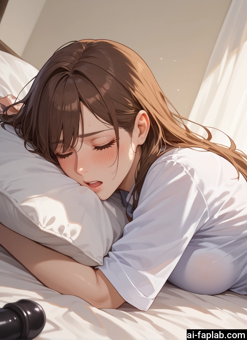 1girl, brown hair, blush, closed eyes, breasts, pillow
