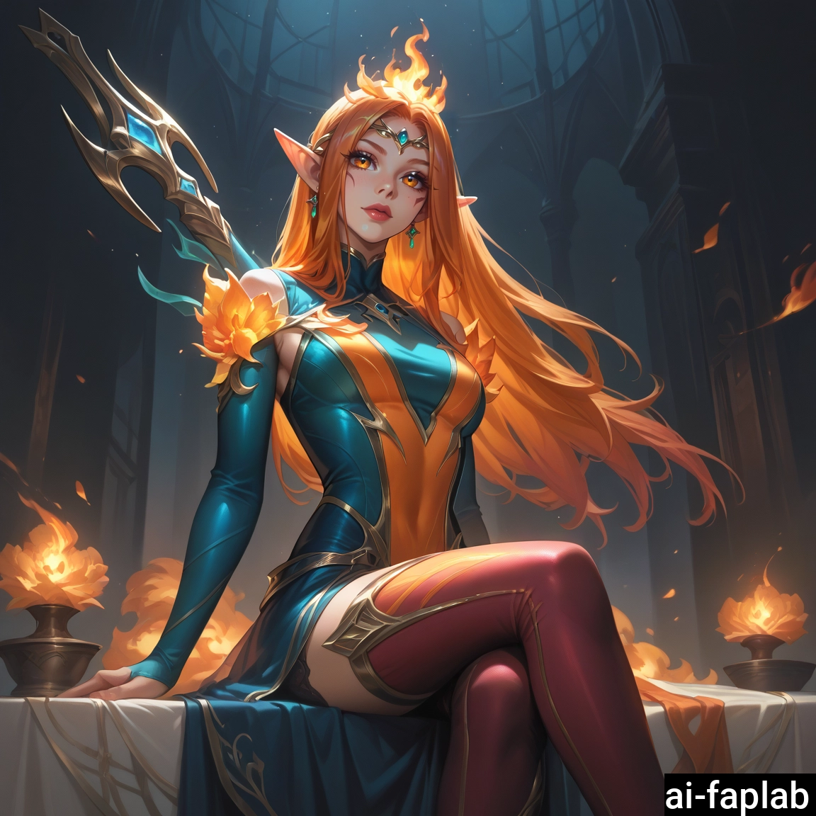 1girl, pointy ears, solo, thighhighs, sitting, long hair · Yamete.gg