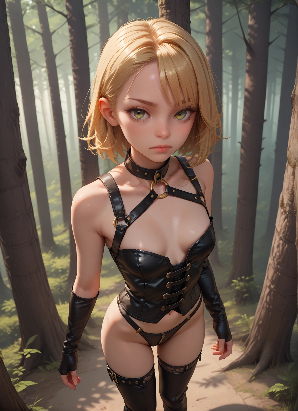 1girl, blonde hair, solo, breasts, thighhighs, forest · Yamete.gg