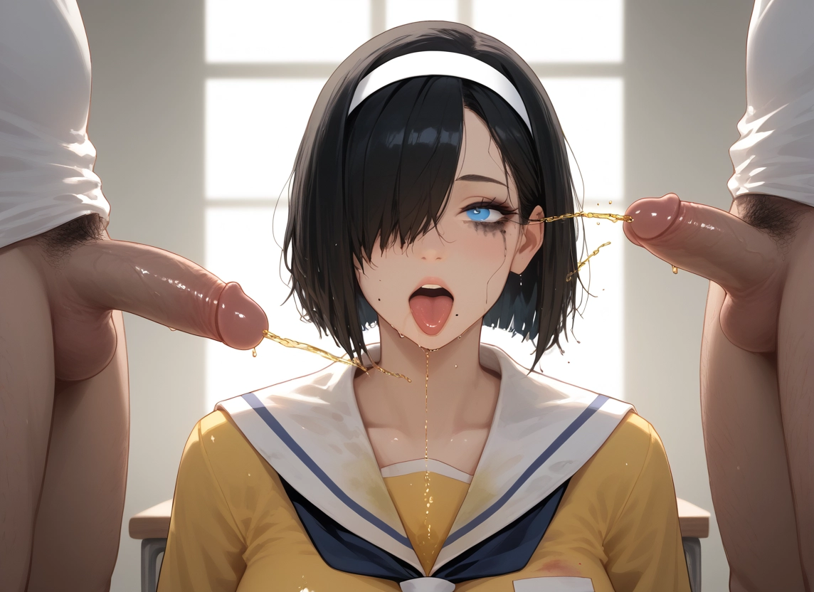 1girl, penis, multiple boys, uncensored, hair over one eye, blue eyes · Yamete.gg
