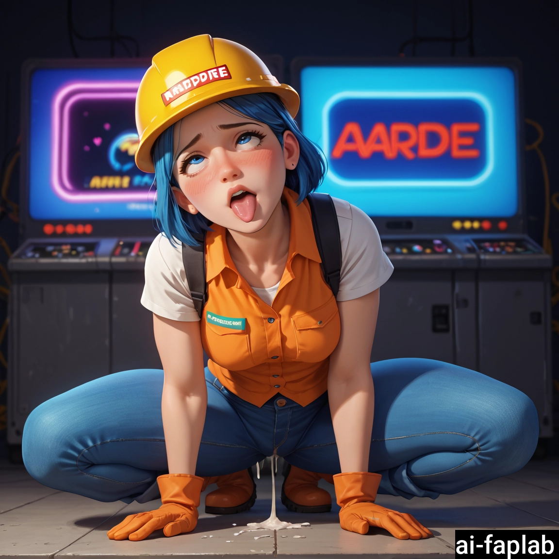 1girl, solo, gloves, helmet, squatting, cum · Yamete.gg