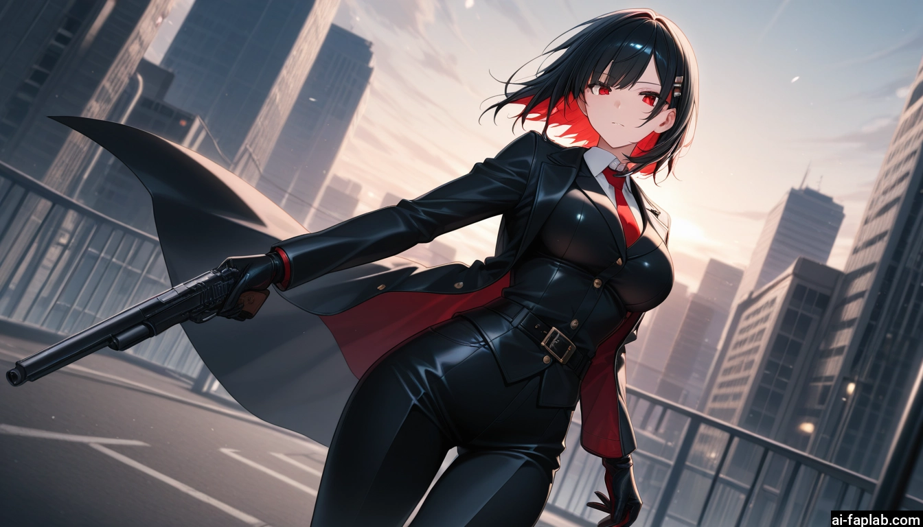 1girl, weapon, gun, red eyes, solo, gloves