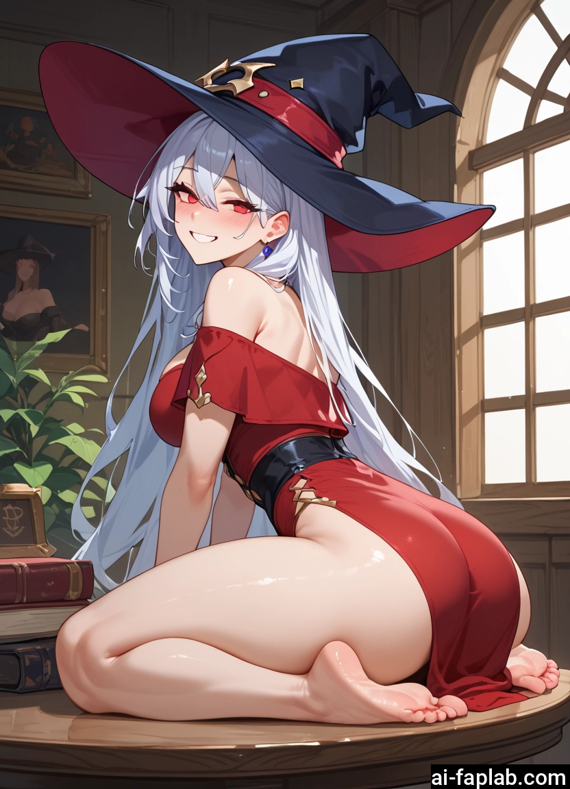 hat, ass, long hair, red eyes, witch hat, breasts