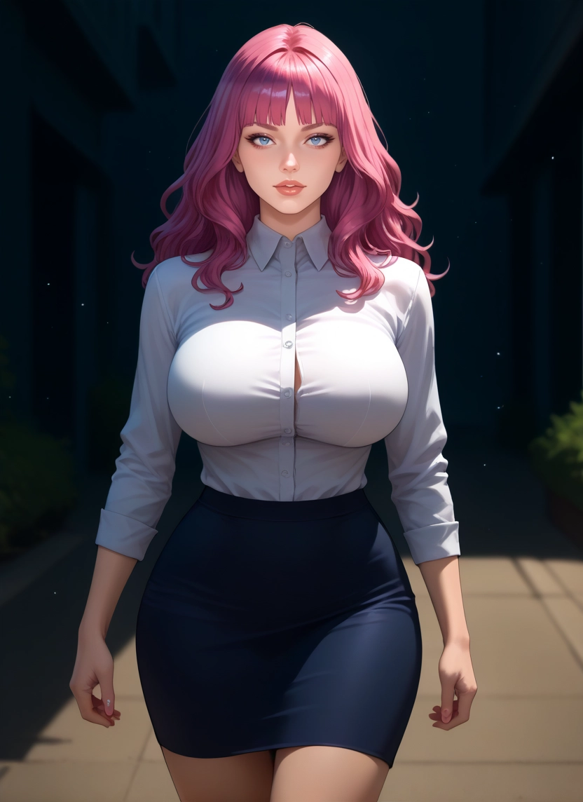 1girl, breasts, skirt, pink hair, shirt, blue eyes · Yamete.gg