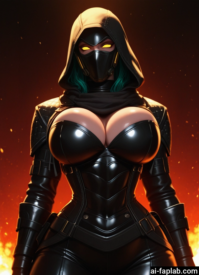 1girl, breasts, solo, mask, large breasts, hood