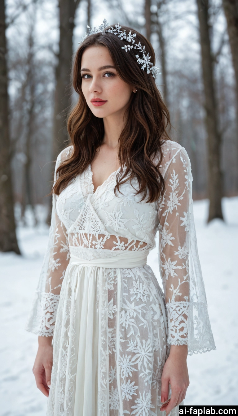 1girl, solo, dress, brown hair, snow, white dress · Yamete.gg