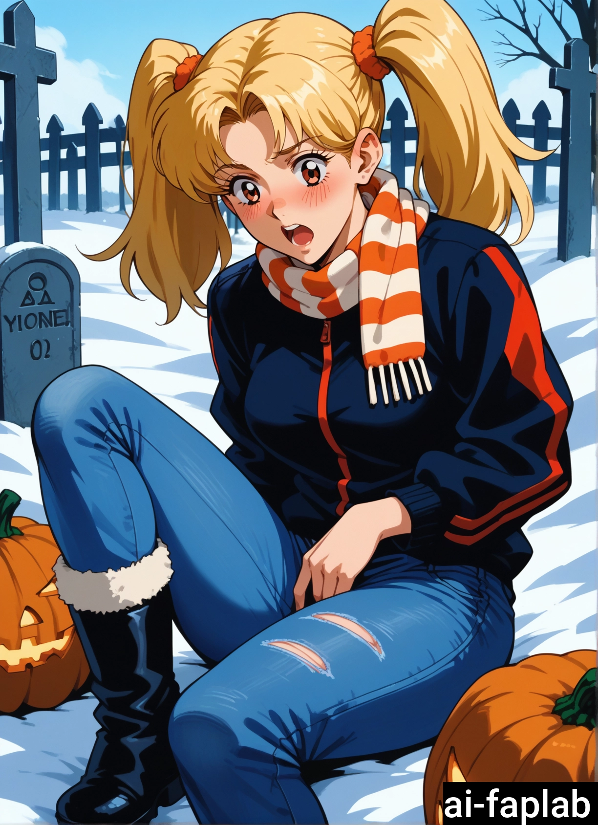 1girl, solo, blonde hair, scarf, twintails, pants · Yamete.gg