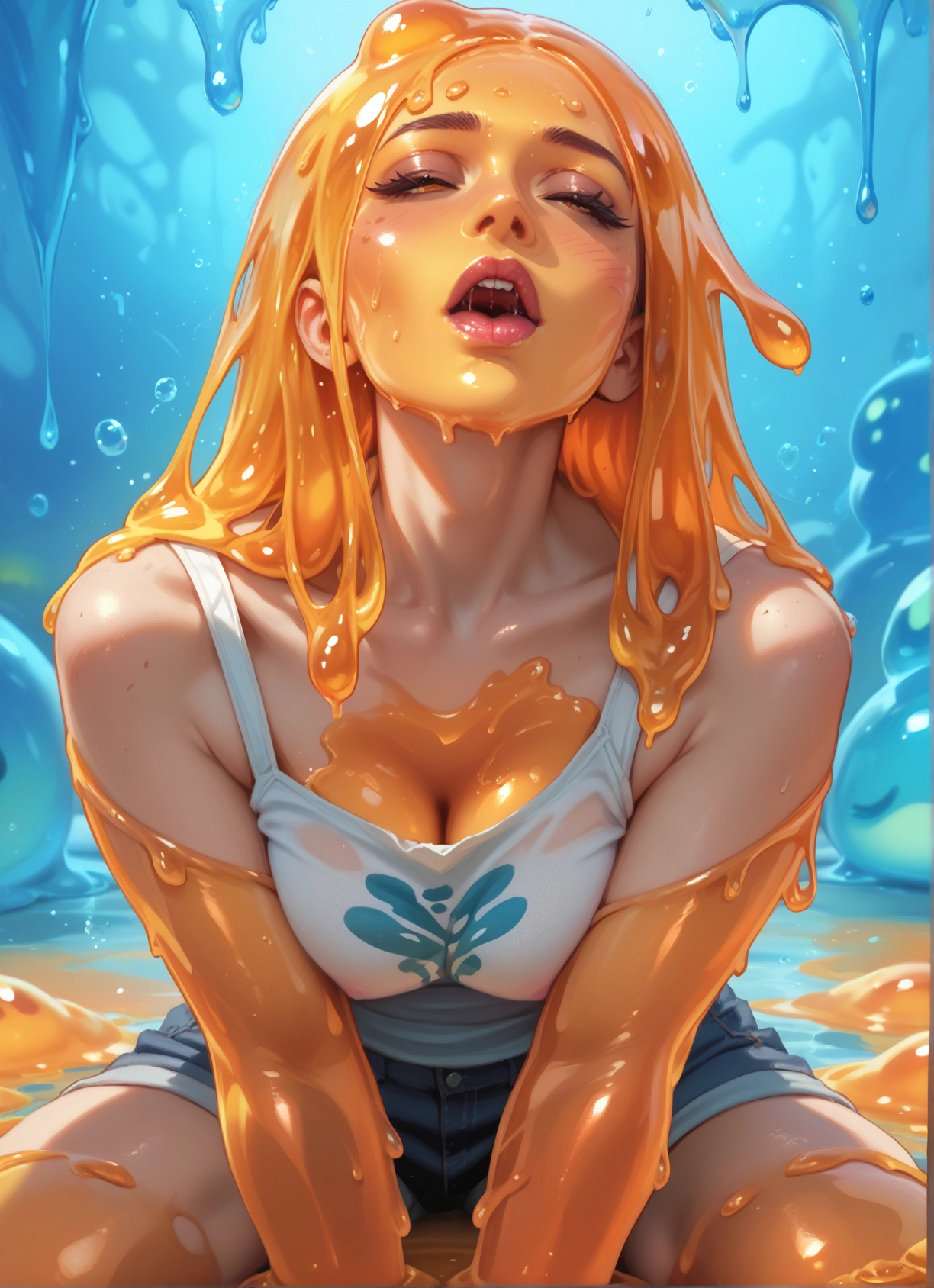 1girl, breasts, closed eyes, shorts, slime girl, monster girl · Yamete.gg