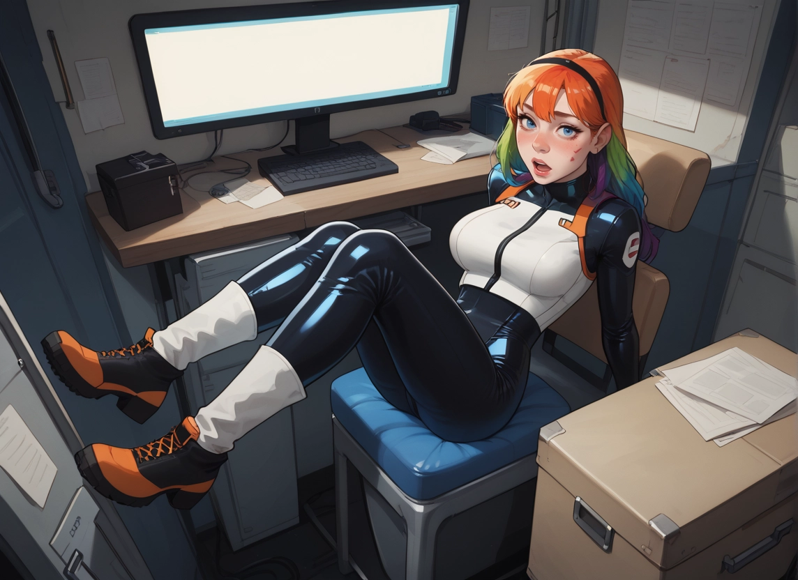 1girl, orange hair, bodysuit, solo, blue eyes, multicolored hair · Yamete.gg