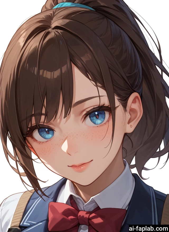 1girl, solo, blue eyes, brown hair, freckles, looking at viewer · Yamete.gg