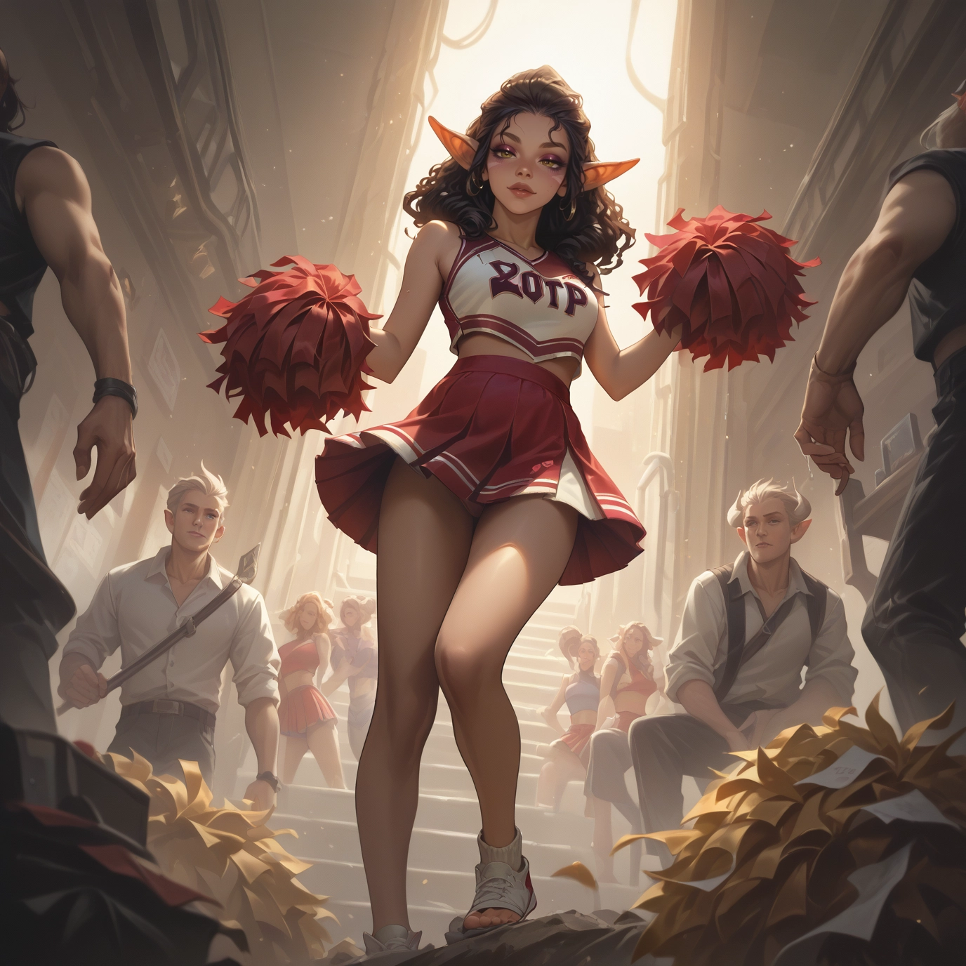 cheerleader, pointy ears, skirt, multiple girls, pom pom (cheerleading), multiple boys · Yamete.gg