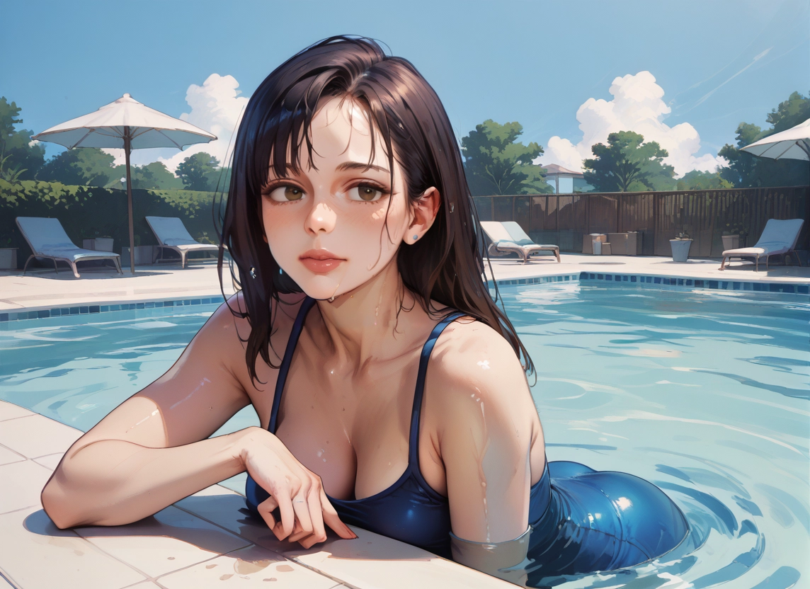1girl, breasts, swimsuit, solo, cleavage, pool · Yamete.gg
