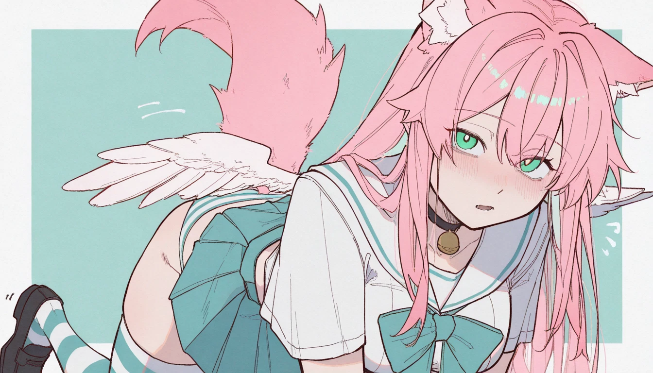 1girl, striped clothes, pink hair, solo, underwear, skirt