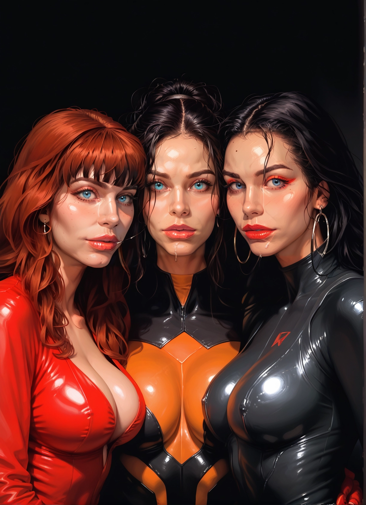 multiple girls, breasts, jewelry, earrings, 3girls, bodysuit · Yamete.gg