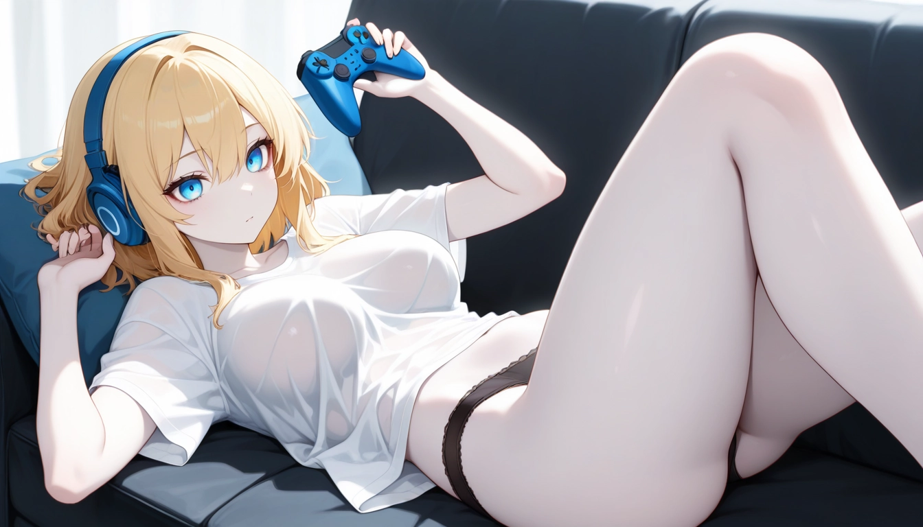1girl, solo, shirt, underwear, blonde hair, blue eyes · Yamete.gg