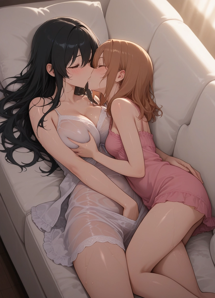breasts, multiple girls, 2girls, yuri, kiss, long hair · Yamete.gg