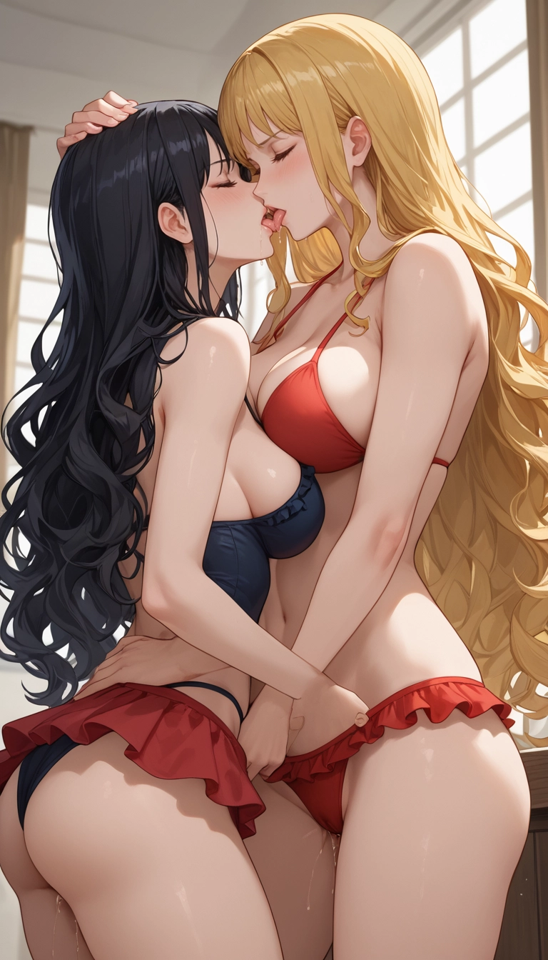 hand on another's head, breasts, frilled bikini, closed eyes, tongue, swimsuit