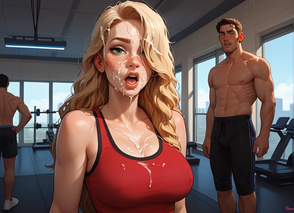 1girl, facial, breasts, gym, green eyes, blonde hair · Yamete.gg