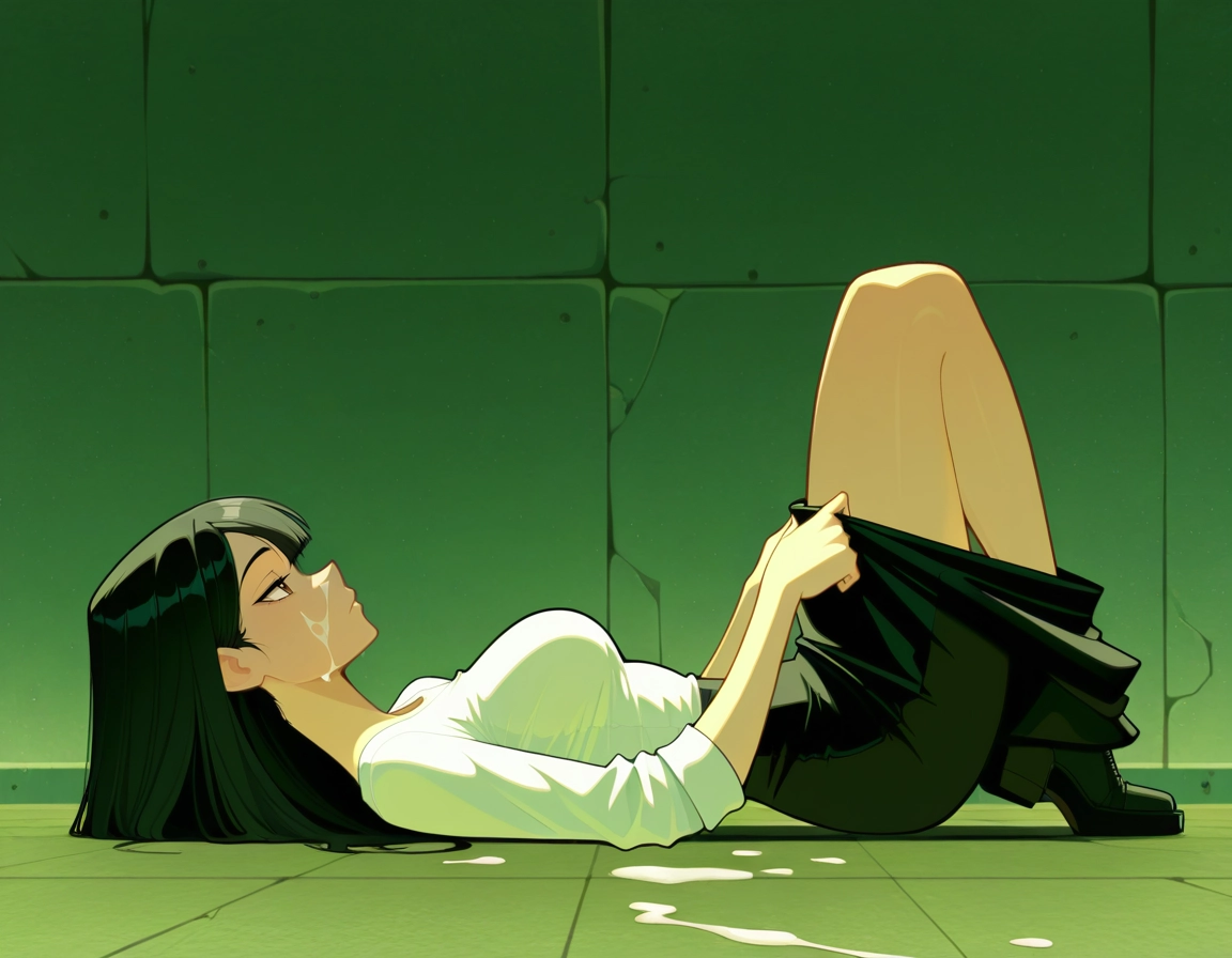 1girl, solo, shirt, black hair, lying, green theme · Yamete.gg