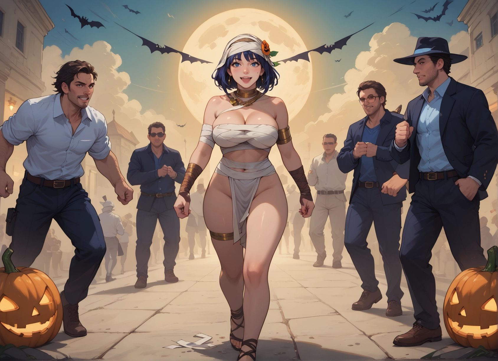 1girl, multiple boys, breasts, moon, blue eyes, jack-o'-lantern · Yamete.gg