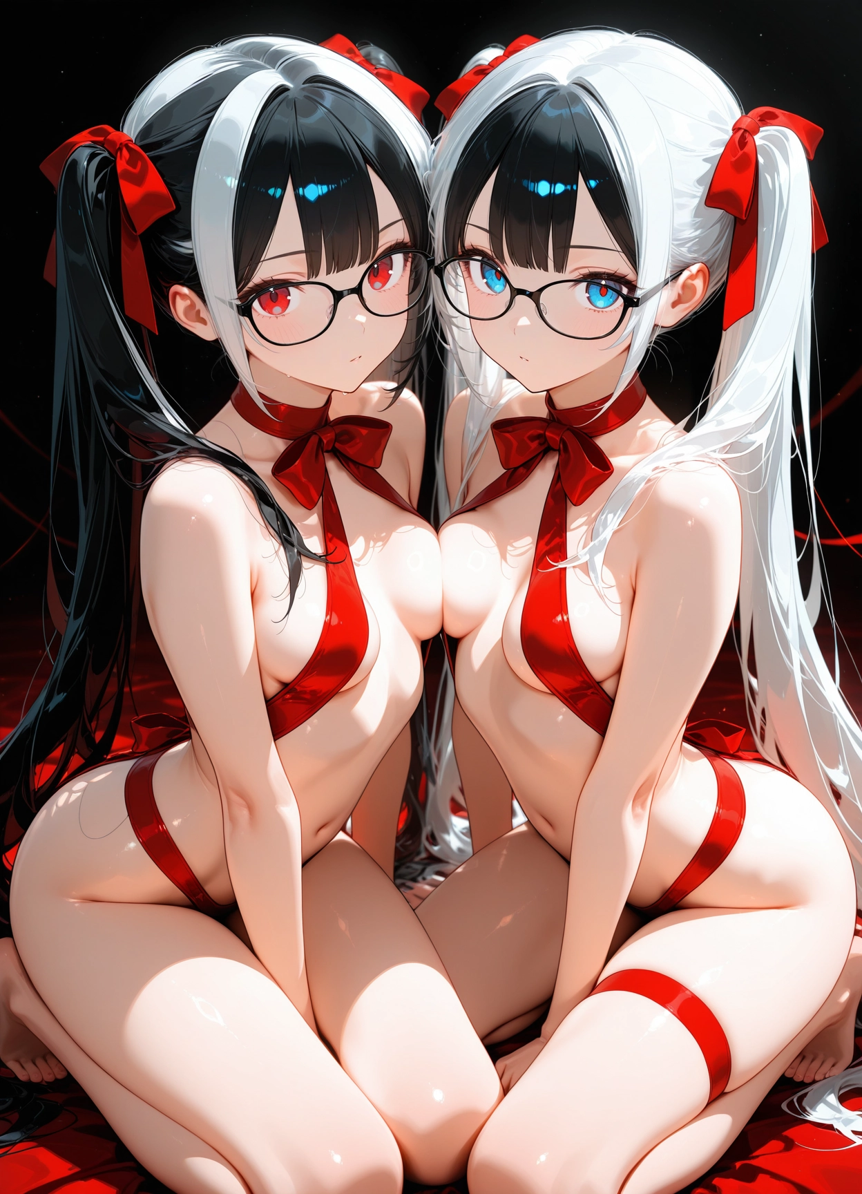 breasts, black hair, 2girls, long hair, multiple girls, glasses