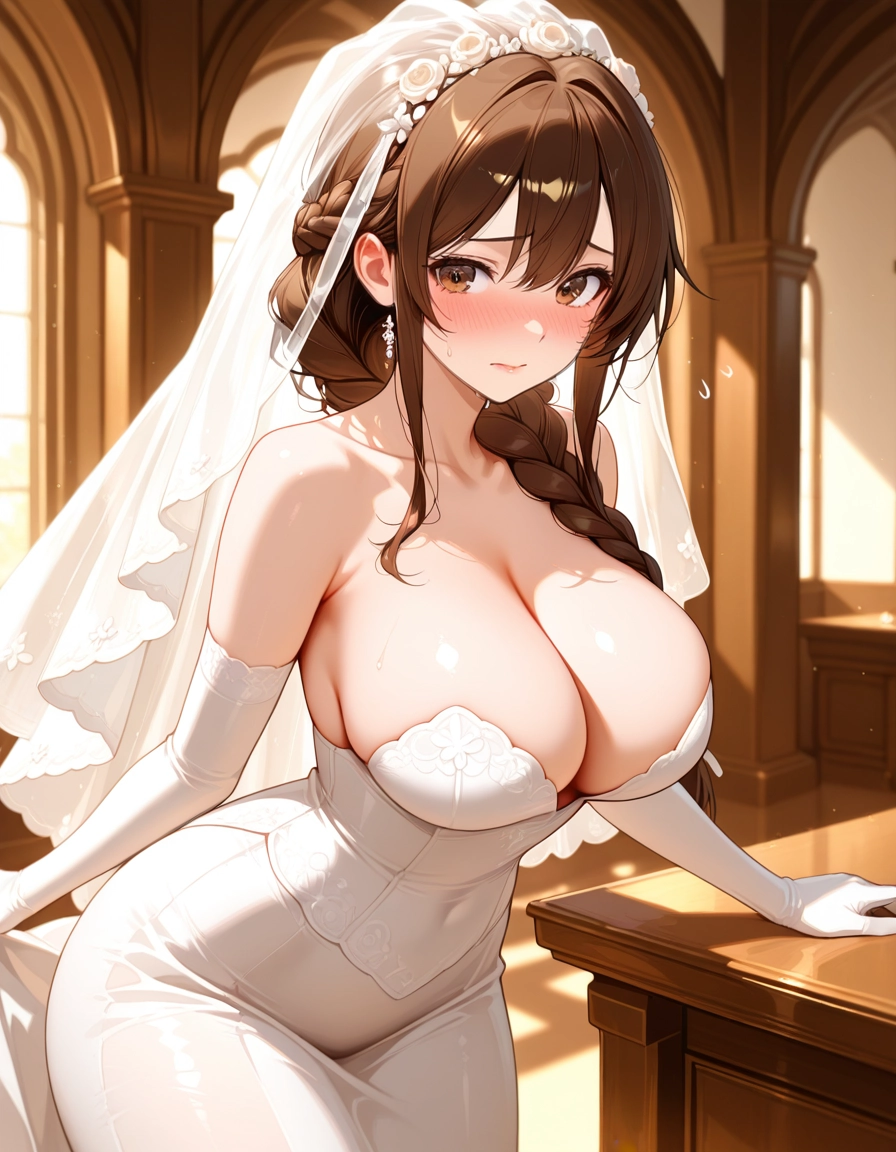 1girl, breasts, dress, elbow gloves, gloves, veil · Yamete.gg