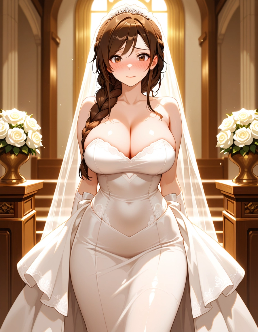 1girl, breasts, dress, wedding dress, braid, solo · Yamete.gg
