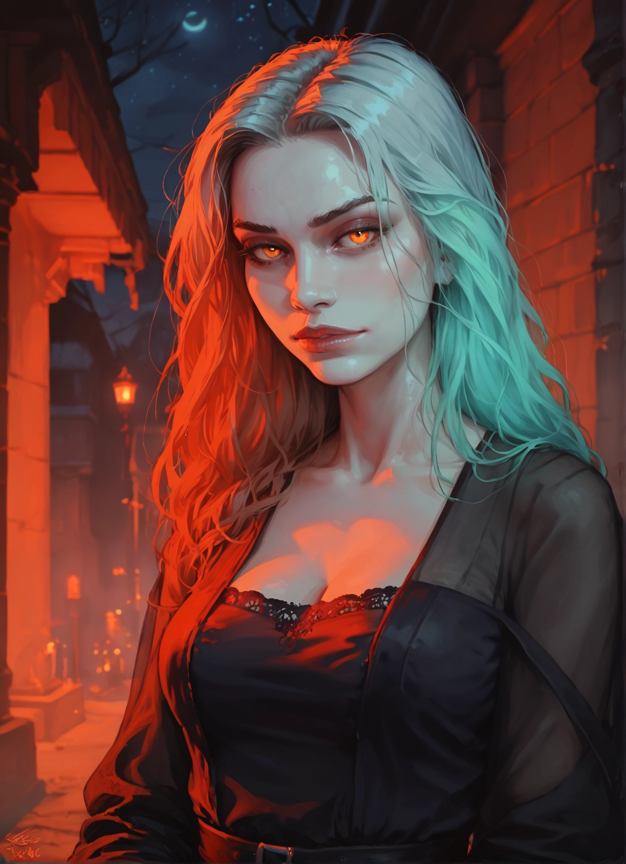 1girl, breasts, solo, moon, long hair, cleavage · Yamete.gg