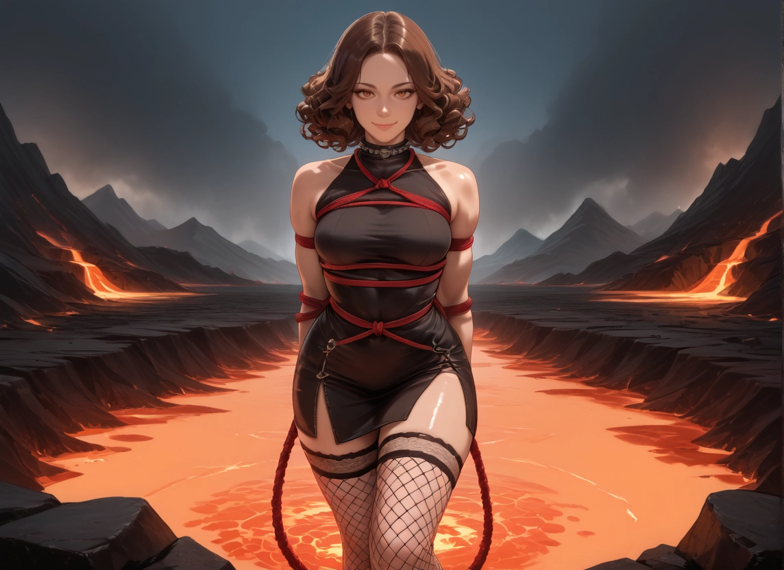 1girl, brown hair, dress, thighhighs, fishnets, fishnet legwear · Yamete.gg