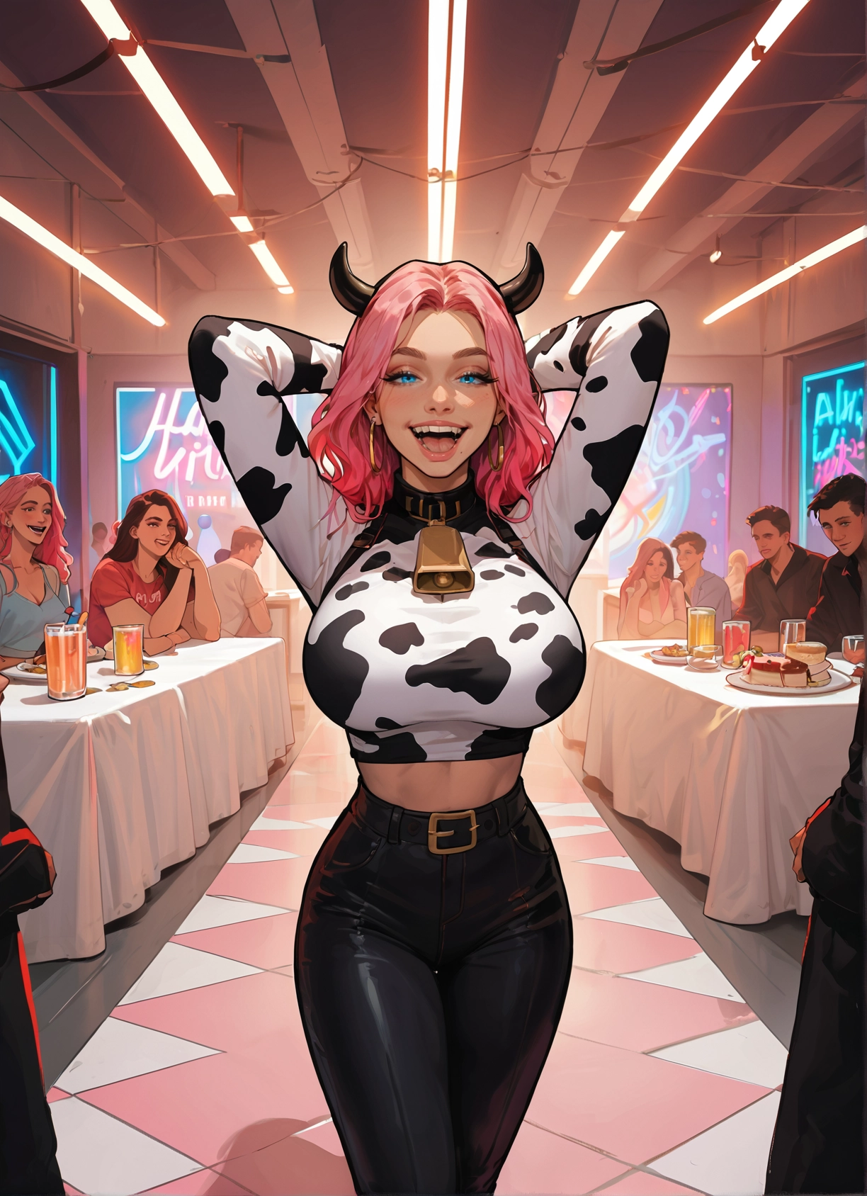 breasts, cow print, animal print, horns, bell, pink hair · Yamete.gg