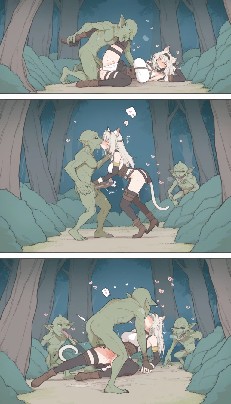 1girl, nature, hetero, forest, cat ears, multiple boys