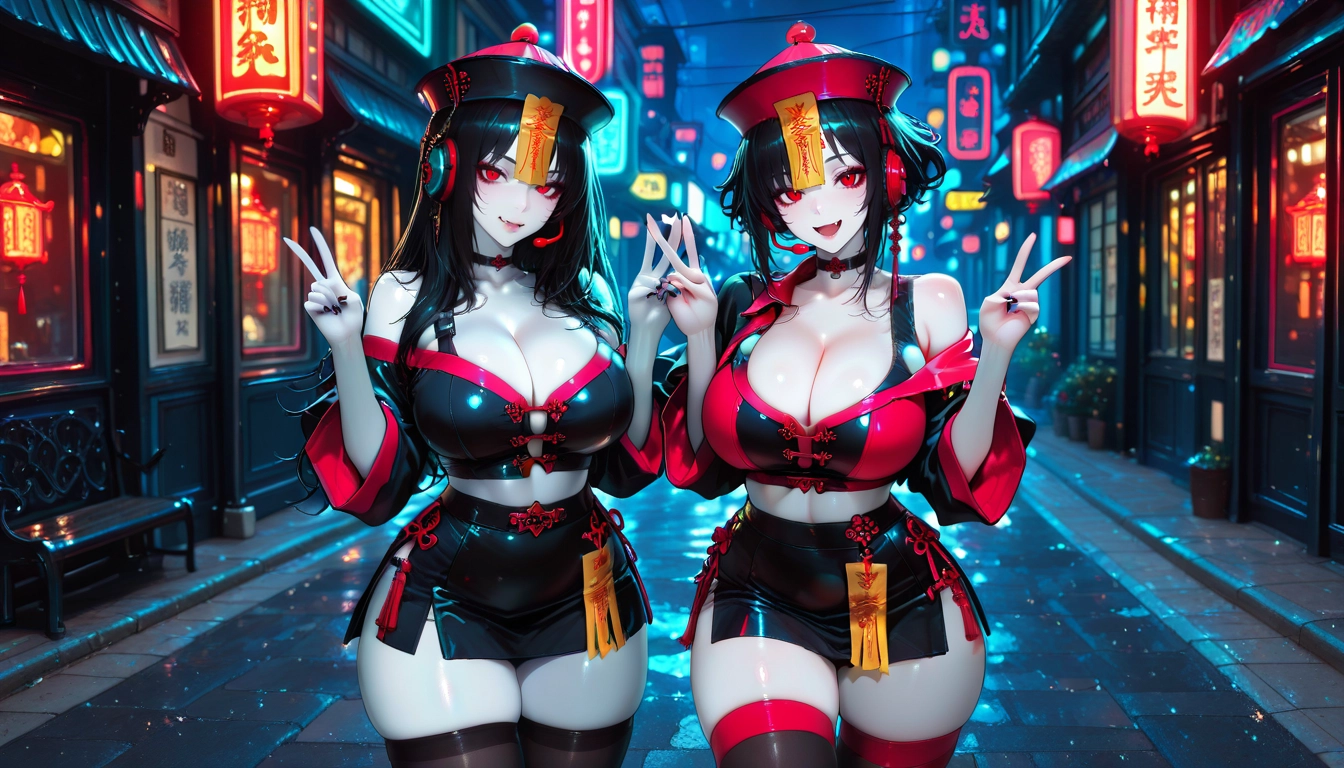 breasts, multiple girls, red eyes, 2girls, skirt, ofuda · Yamete.gg