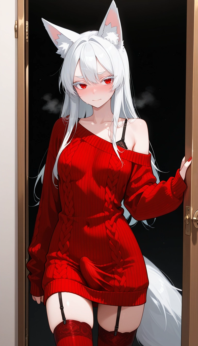 1girl, solo, red sweater, red eyes, animal ears, thighhighs · Yamete.gg