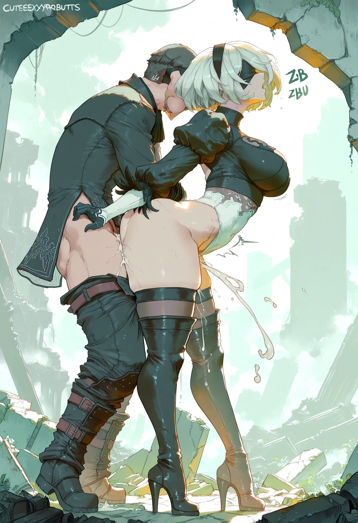 1girl, sex, yorha no. 2 type b, leotard, 1boy, stomach bulge · Yamete.gg