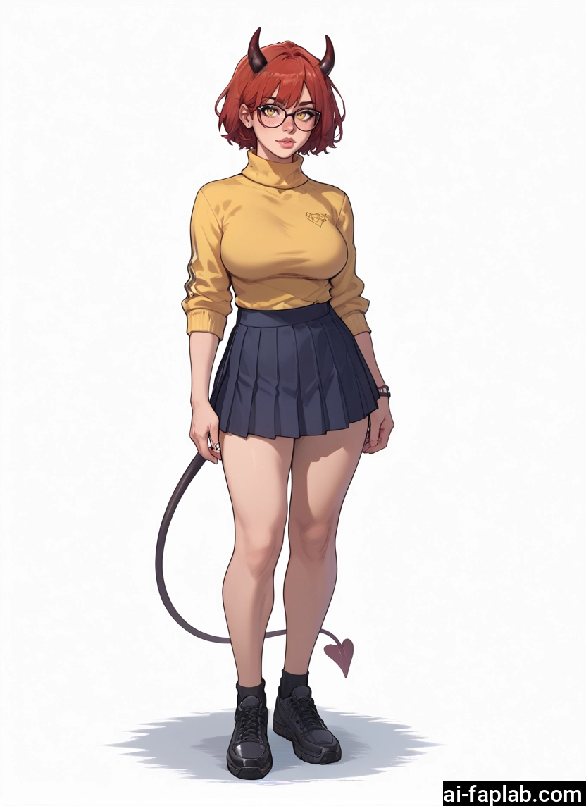 1girl, skirt, tail, horns, glasses, solo · Yamete.gg