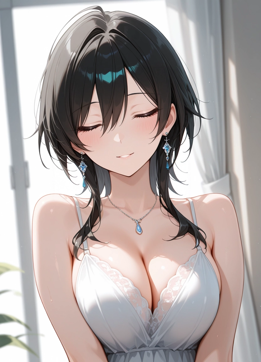 1girl, breasts, jewelry, solo, cleavage, earrings · Yamete.gg
