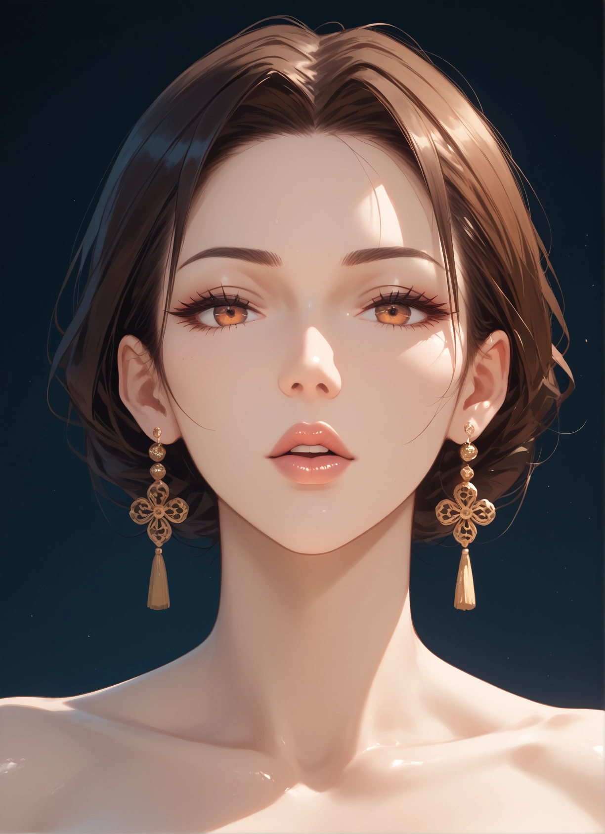 1girl, solo, jewelry, earrings, brown hair, looking at viewer · Yamete.gg