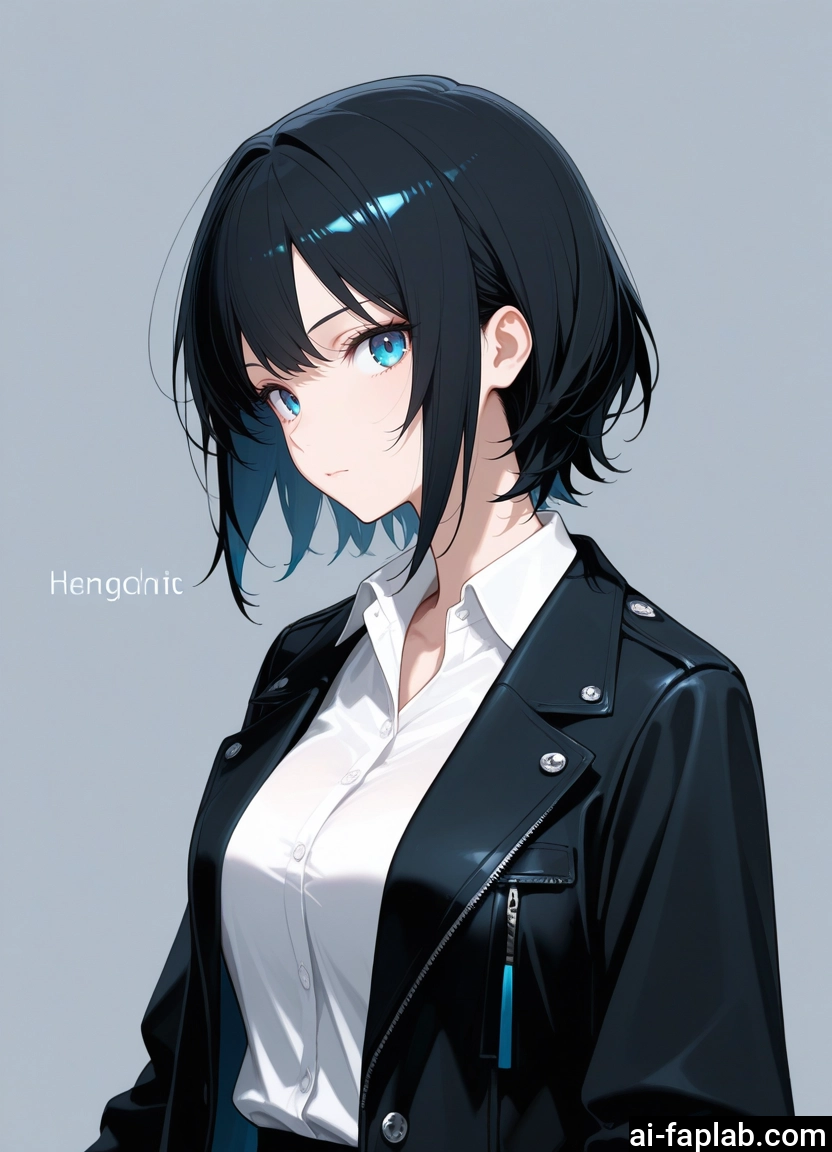 1girl, solo, shirt, blue eyes, jacket, black hair