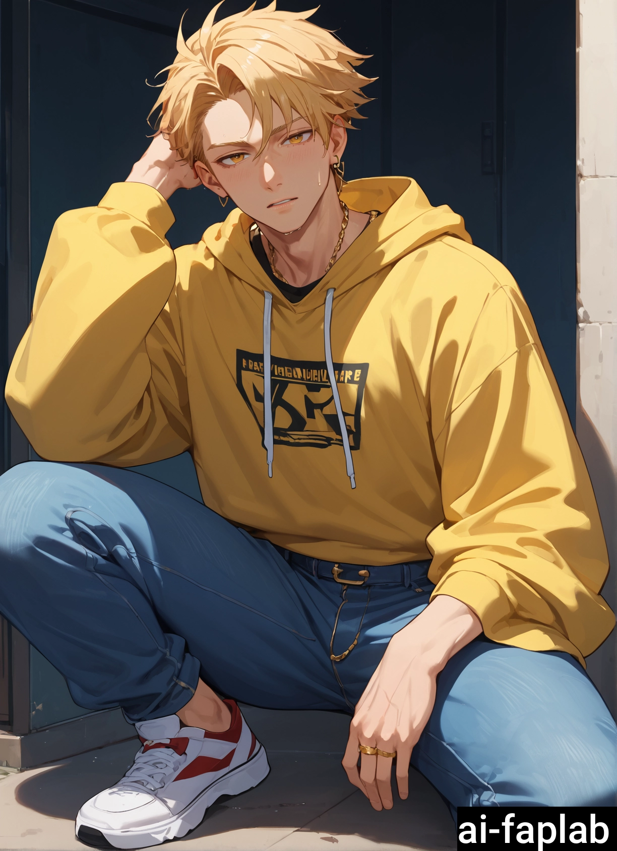 1boy, jewelry, male focus, ring, hood, solo