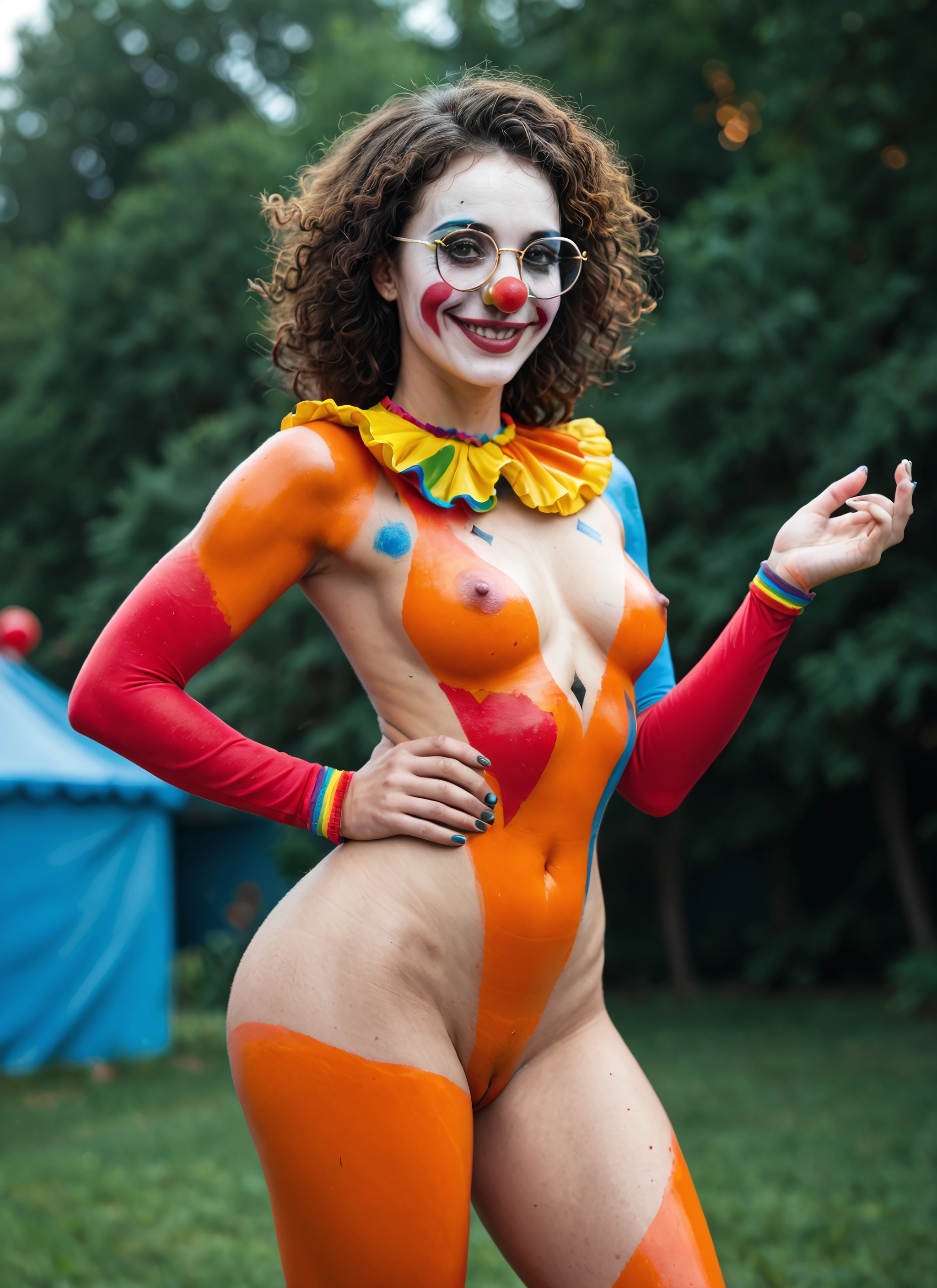 1girl, breasts, nipples, glasses, clown, smile · Yamete.gg