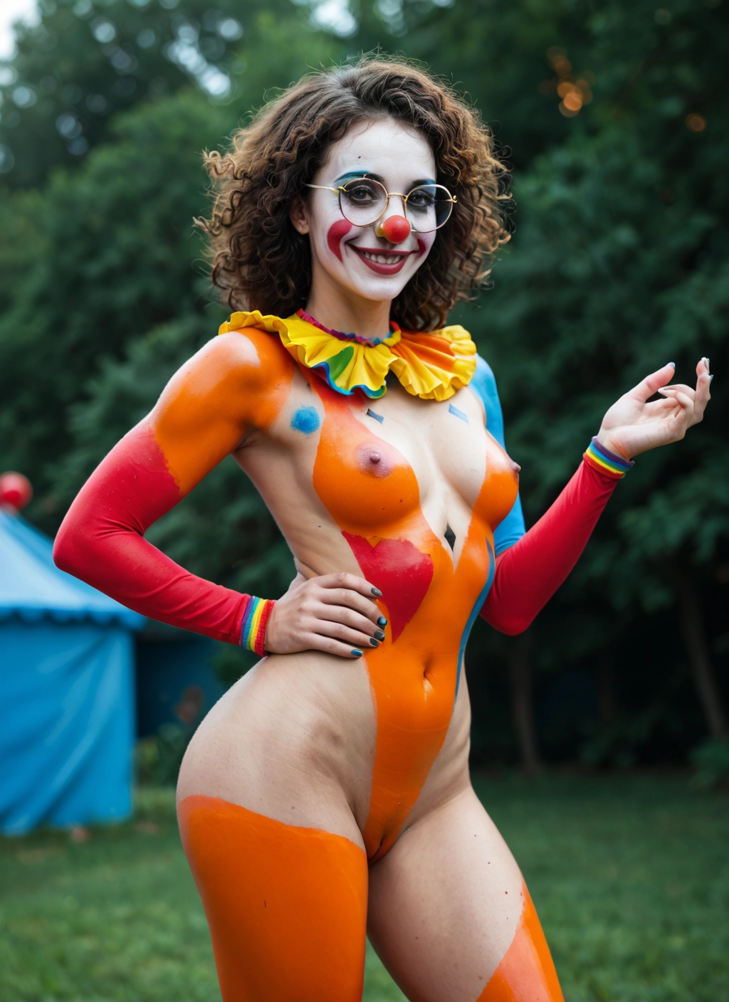 1girl, breasts, nipples, glasses, clown, smile