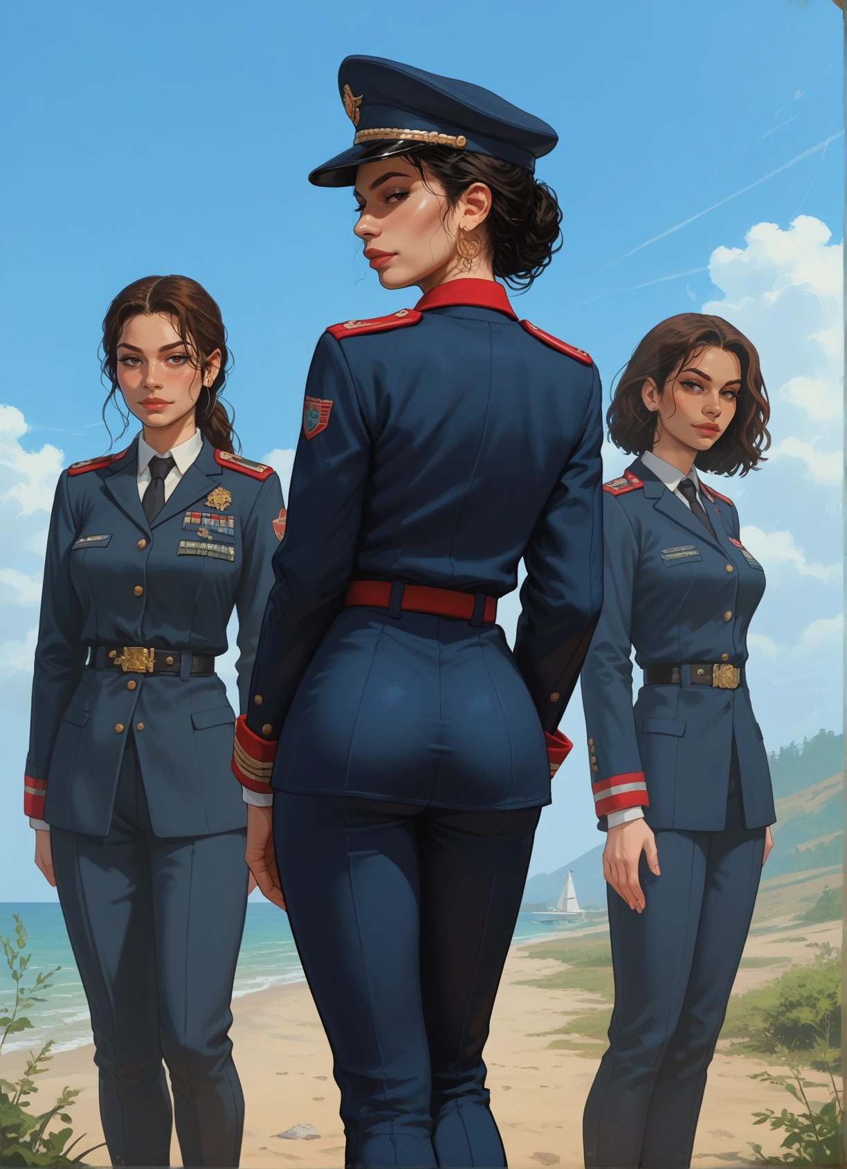multiple girls, uniform, military uniform, jewelry, military, brown hair · Yamete.gg