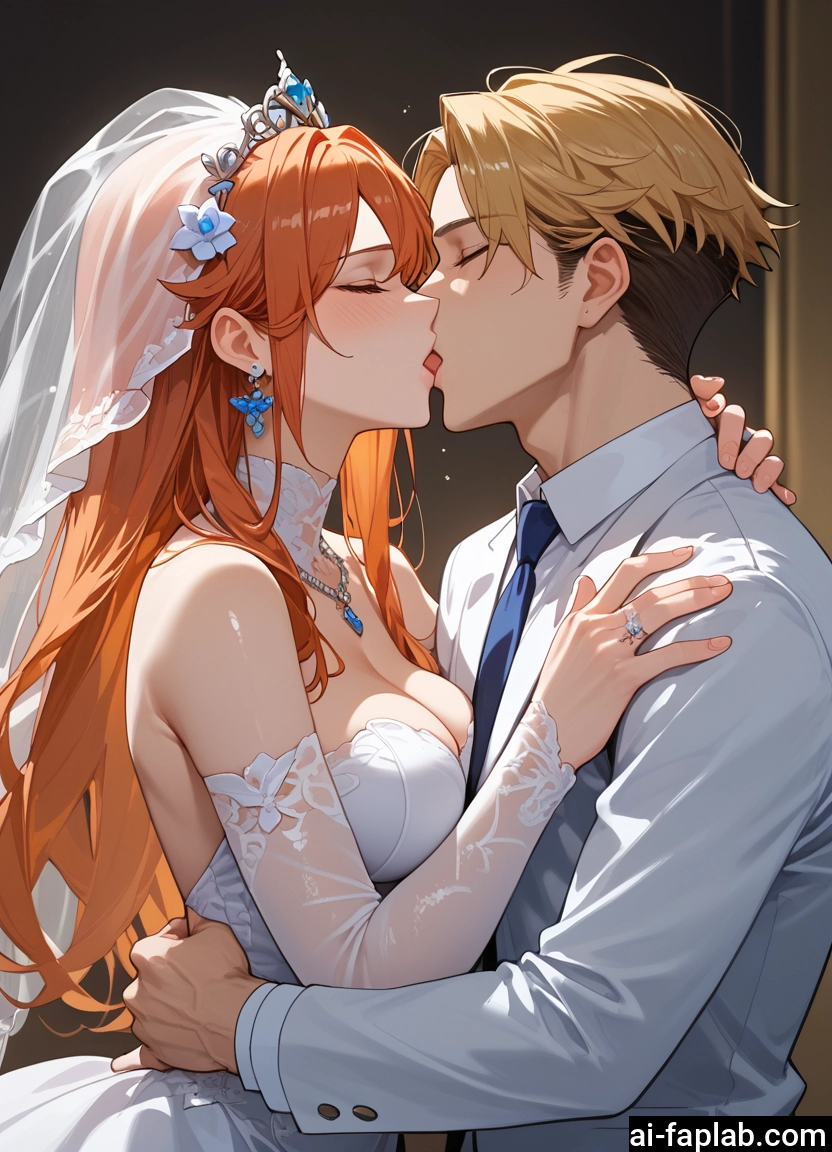 1girl, 1boy, breasts, dress, kiss, jewelry