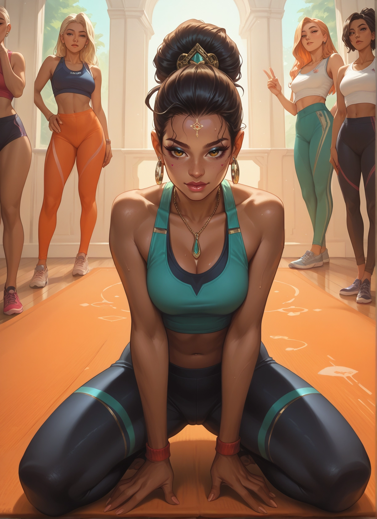 breasts, multiple girls, v, jewelry, earrings, dark-skinned female · Yamete.gg