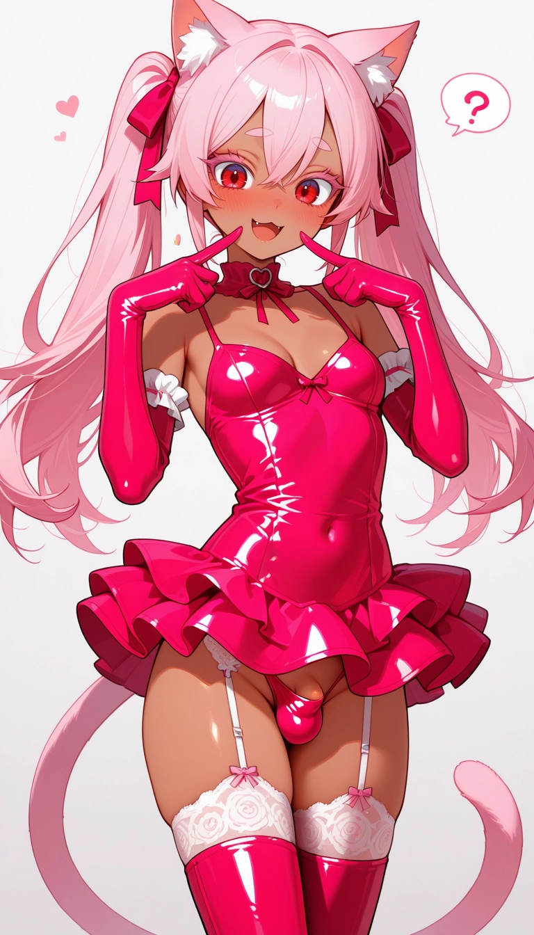 solo, thighhighs, tail, pink hair, animal ears, gloves · Yamete.gg